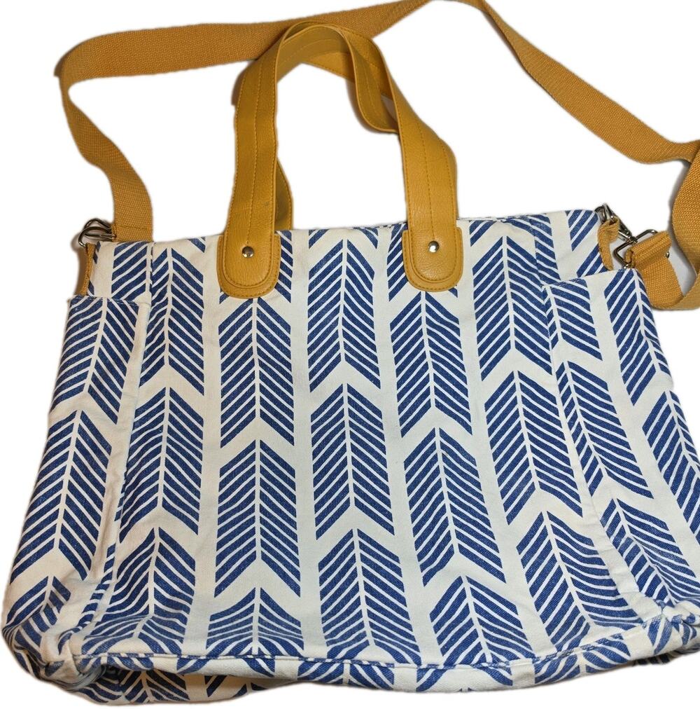 White Elm Bag Blue Stripe Geometric Beach Bag Purse Tote Canvas Shoulder Carry